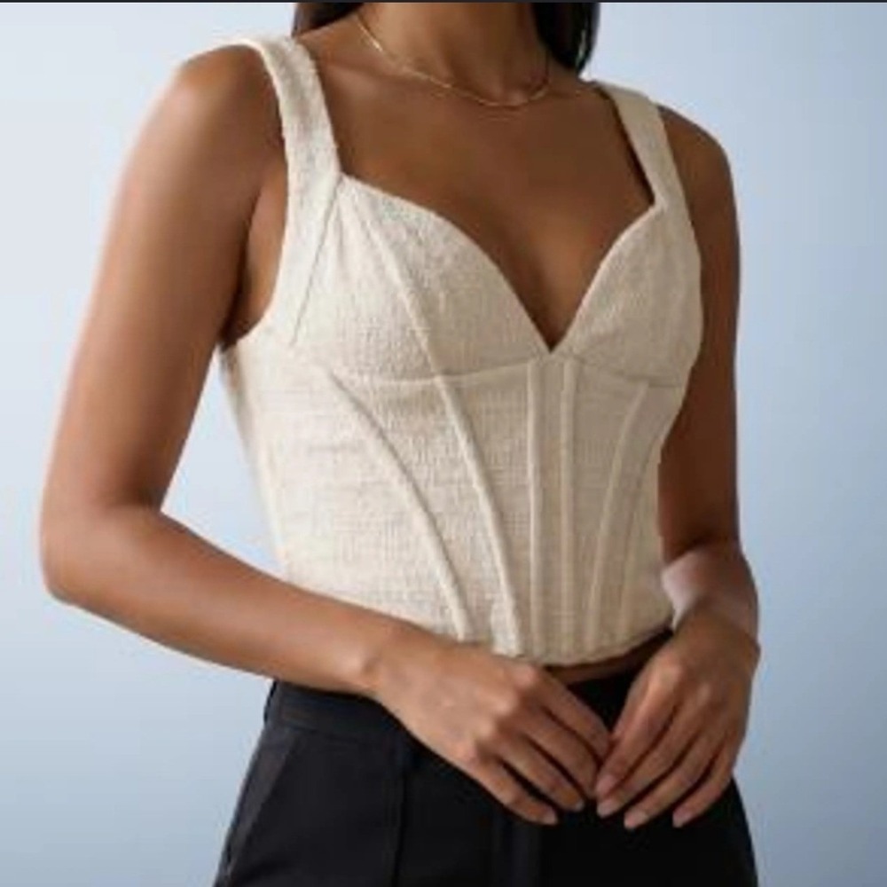 Zara Textured Corset Crop Top Cream Sleeveless V-Neck Size L
